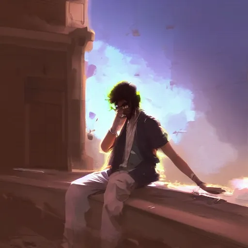 Image similar to saudi arab man smoking in a car, anime digital art in the style of greg rutkowski and craig mullins, 4 k