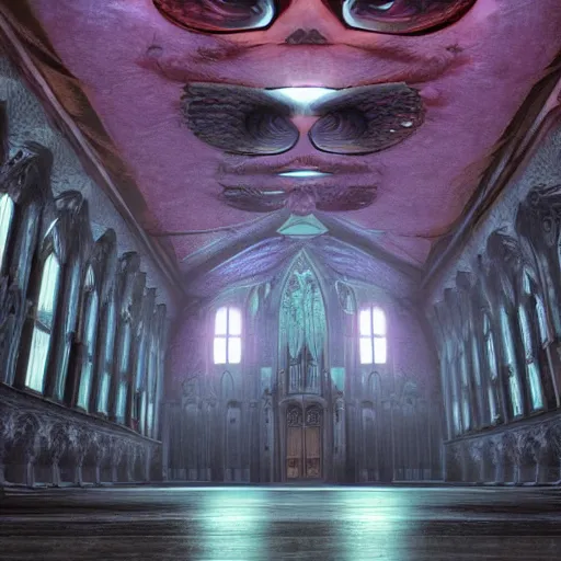 Image similar to large gothic hall with large eyes on the ceiling, horror movie, artstation, detailed, colorfull, futuristic