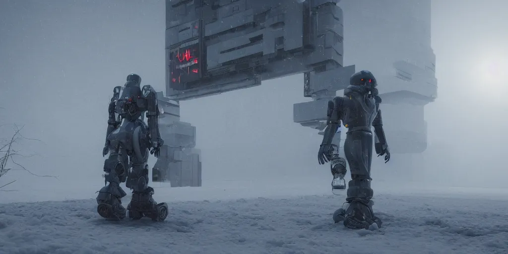 Image similar to a cyberpunk weather prediction robot, walking through te snow, fog, eroded metal, anthropomorphism, rendered in octane, unreal engine 5, trending on artstation, 8 k