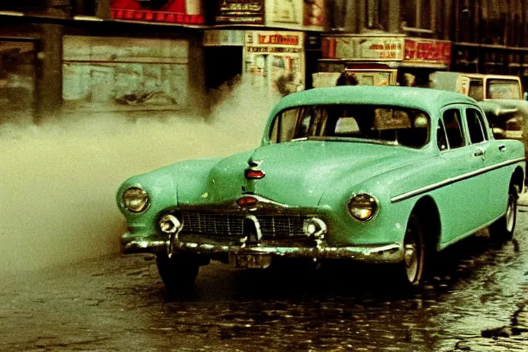 Prompt: street photography by saul leiter and fred herzog and william eggleston, award winning photo of an ultra detailed intricate dirty vintage ford car speeding very fast on mud, fast shutter speed, motion blur, tiny gaussian blur, highly detailed, highly intricate, depth of field, trending on top gear