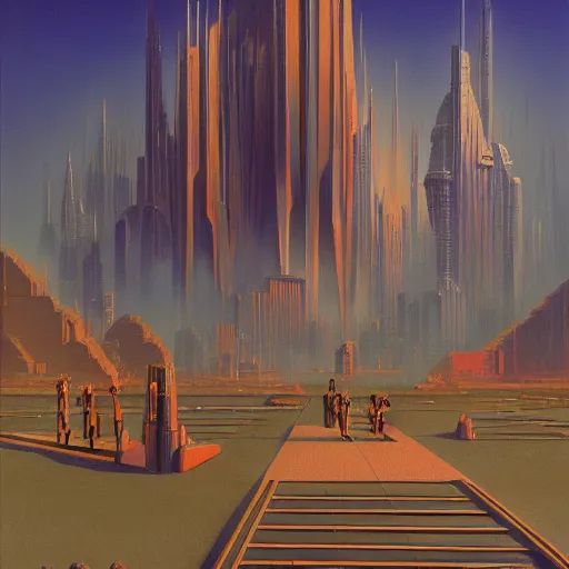 Prompt: 1 9 8 0 s sci - fi cover art, outside entrance to a futuristic megapolis, tim hildebrandt, wayne barlowe, syd mead, john harris, bruce pennington, donato giancola, larry elmore, oil on canvas, artstation, pixiv, cinematic composition, dramatic, beautiful lighting, sharp, details, hd, hdr, 4 k