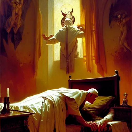 Image similar to the pope wakes up is his bed, sweating, nervous, terrified, because a double horned shadow demon lurks in the papal bedroom. highly detailed painting by gaston bussiere, j. c. leyendecker, greg rutkowski, craig mullins 8 k