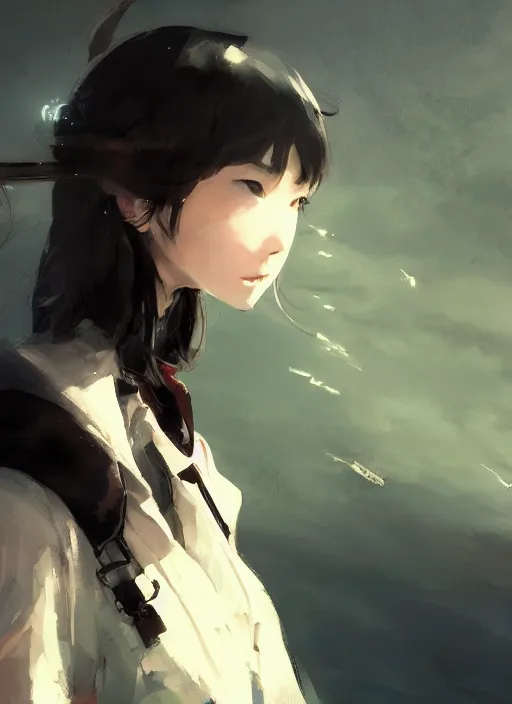 Prompt: a young japanese woman with very short hair looking to the skies, cinematic lighting, dramatic atmosphere, artwork by dustin nguyen, akihiko yoshida, greg tocchini, greg rutkowski, cliff chiang, 4 k resolution, trending on artstation,