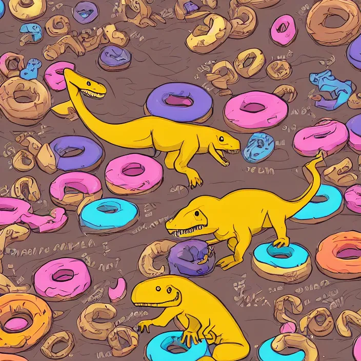 Prompt: t-rex surrounded by donuts, digital art, 4k