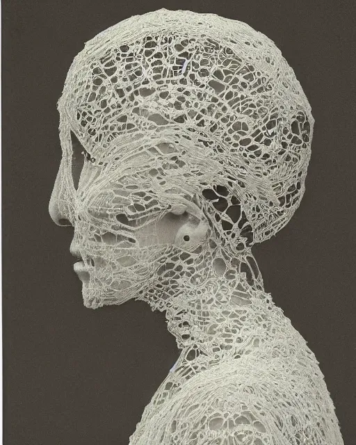 Image similar to a japanese woman's face in profile, made of intricate lace skeleton, in the style of the dutch masters and gregory crewdson, dark and moody