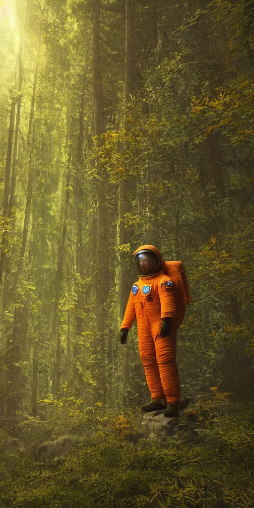Image similar to american astronaut in orange suite, in the forest plants environment wide angle cinematic lighting atmospheric realistic octane render highly detailed in th