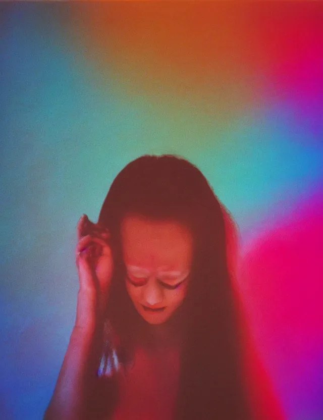 Image similar to woman crying infront of tv screen in dark room, wide angle, blue rays, redshift, wide shot, coloured polaroid photograph, pastel, kodak film, hyper real, stunning moody cinematography, by maripol, fallen angels by wong kar - wai, style of suspiria and neon demon, david hockney, detailed, oil on canvas