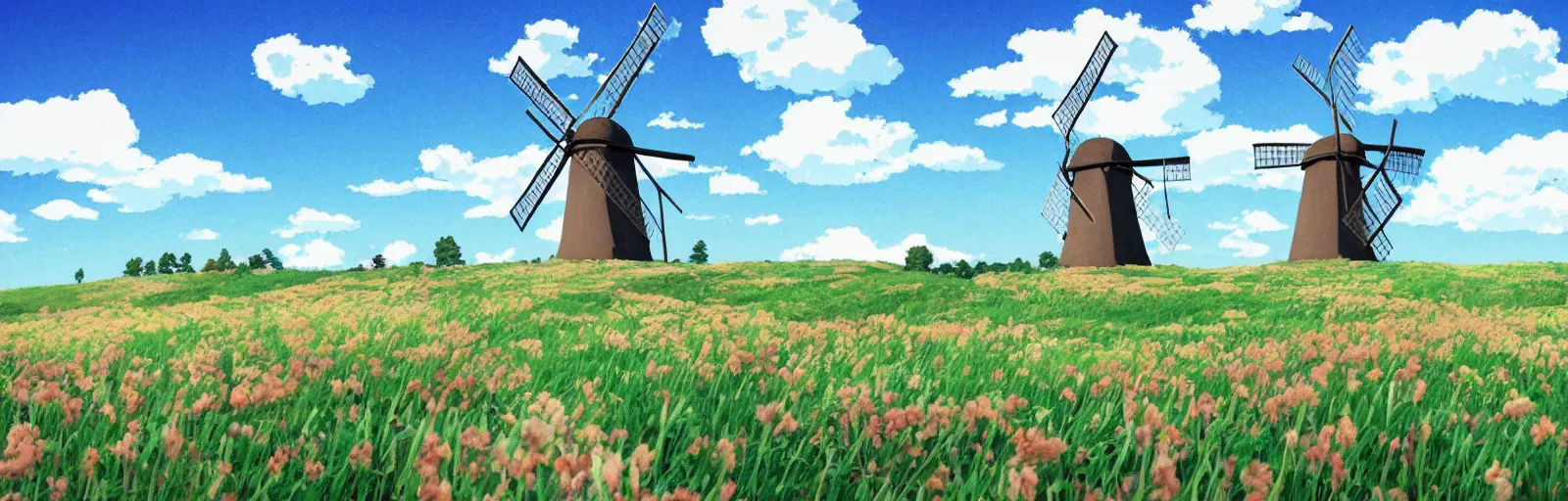 Image similar to beautiful countryside background with a windmill by studio ghibli, cute, winter