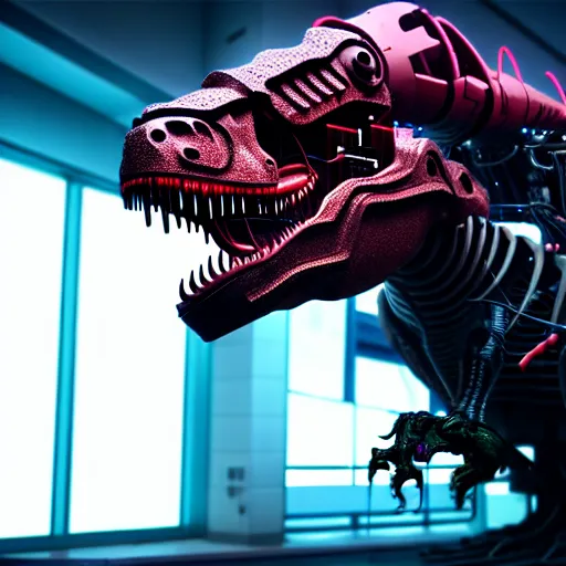 Prompt: Cyberpunk cyborg t-rex in a lab, extended robotic arms, Photorealistic, 3D, octane render, 8K, as coherent as Dall-E 2