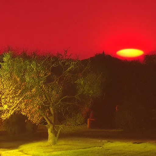 Prompt: large translucent but visible disk-shaped red glow in the sky