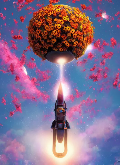 Image similar to An epic fantastic realism comic book style painting of the most beautiful flowers launched into space, bouquets, solar eclipse, fisheye, unreal 5, DAZ, hyperrealistic, octane render, dynamic lighting