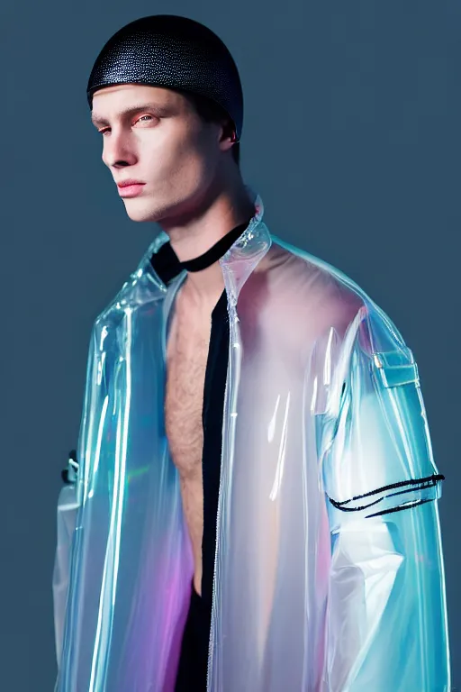 Image similar to an ultra high definition professional high fashion portrait studio full length photograph of a male model wearing a transparent pearlescent raincoat and neon visor in an icelandic black rock environment at dawn. no artefacts. extremely detailed. stark. refraction. shallow depth of field. volumetric light and shadow. ray tracing. light rays.