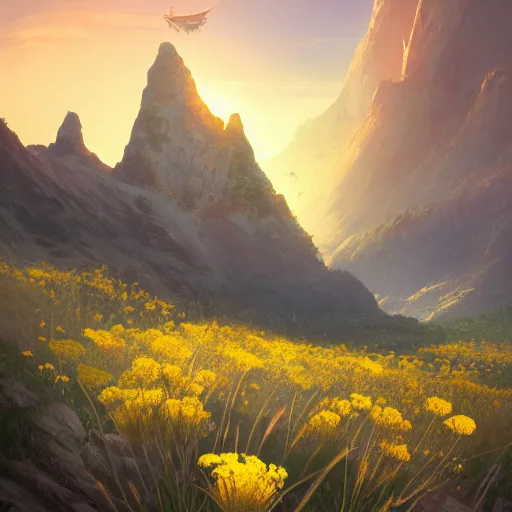 Prompt: carphathian mountains, sunset, yellow flowers, castle in distance, illustration, intricate, hyper - detailed, concept art, smooth, sharp focus, ray tracing, vibrant, photorealistic, by jessica rossier