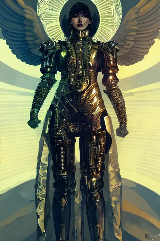 Prompt: archangel of mercy wearing detailed metallic armour with glod and jewels, intricate details, pretty face, realistic shaded Perfect face, insane action pose, steampunk, cyberpunk, highly detailed, artstation, illustration by Ilya Kuvshinov and alphonse mucha Greg Rutkowski, dynamic light, morning