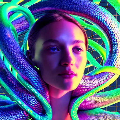 Prompt: a human form, made of pure light, encircled by a giant iridescent serpent, in a sea of digital grids, hyper detailed, ultra fine colored inking lines, arnold render, 4 k extremely photorealistic, arnold render