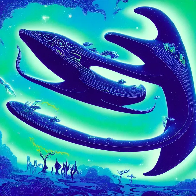 Image similar to interstellar aquatic whales, infinite fractal dimensional portal, bright neon colors, highly detailed, cinematic, eyvind earle, tim white, philippe druillet, roger dean, lisa frank, aubrey beardsley