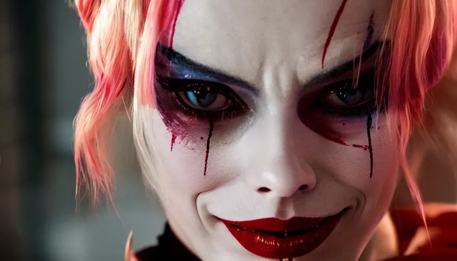 Prompt: Margot Robbie as Harley Quinn, detailed high contrast lighting, spherical lens, IMAX cinematography by Roger Deakins 4k