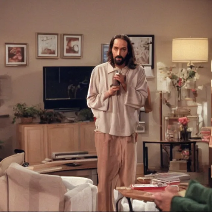 Prompt: Photo still of Jesus Christ in 1990s clothing talking in Jerry Seinfeld's apartment, in the style of the TV show Seinfeld (1994)