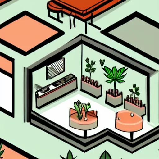 Image similar to hand - drawn minimalistic interior design of cannabis pot plant cafe, isometric, fun cute art