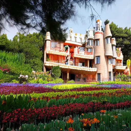 Prompt: a house by Antoni Gaudí in the flower field