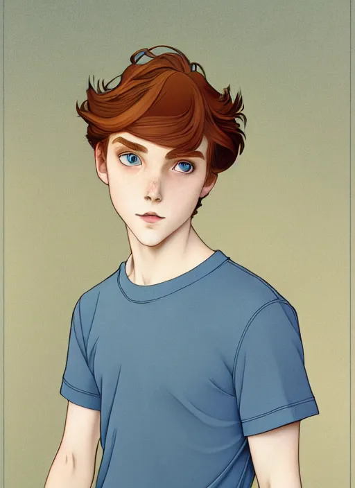 Image similar to art nouveau portrait of a teen boy with completely straight auburn hair, light blue eyes, pale skin, freckles, sad expression, t - shirt, modern casual clothing, natural lighting, path traced, highly detailed, high quality, cartoon, digital painting, by don bluth and ross tran and studio ghibli and alphonse mucha