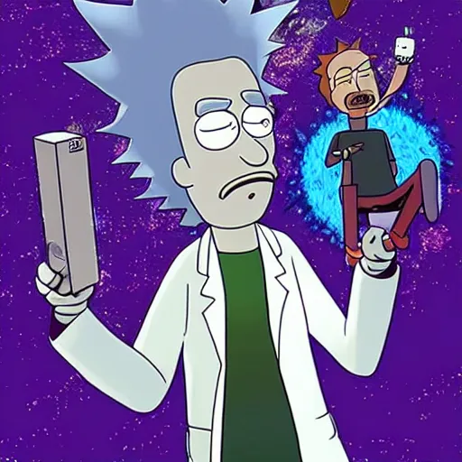 Image similar to Bill Murray playing Rick Sanchez, with spikey grey hair, and wearing a white lab coat, real-life action movie of Rick & Morty announced, poster art