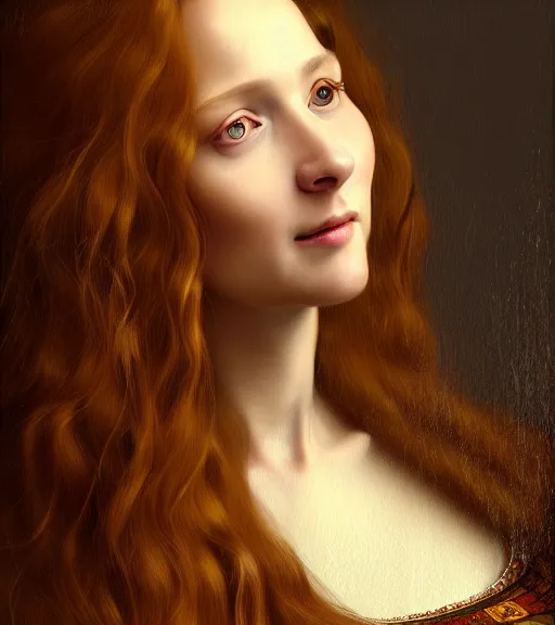 Image similar to portrait of a long - haired woman happily gloating sitting upon a table with heightened detail, poised, intense emotion, detailed facial expression, detailed surroundings, intricate, elegant, highly detailed, centered, digital painting, artstation, concept art, smooth, sharp focus, illustration, by ( leonardo da vinci ), wlop
