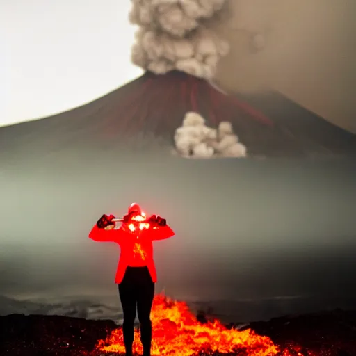 Image similar to white woman suit with a one red light eye gasmask standing close to volcano, fire raining, professional photography, black and white, cinematic, eerie