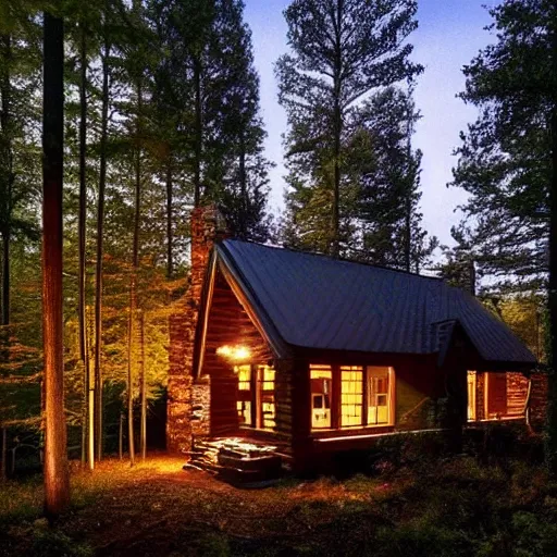 Prompt: beautifully detaild brick and dark wood cabin in the dense forest, lit by moonlight, night time, warm lights, detailed cabin in the woods