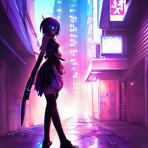 Anime, anime girls, cyberpunk, rain, standing, HD phone wallpaper