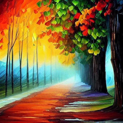 Prompt: tree-lined path at sunset, by Afremov Leonid