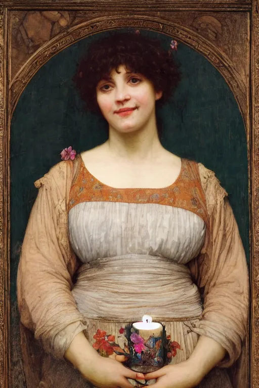 Image similar to a renaissance oil painting close shot portrait by alma tadema of a woman grinning evilly, obsidian jewellery, a crown made of dark candles and flowers, colourful pastel, detailed academic bouguereau, high shadow, sharp focus
