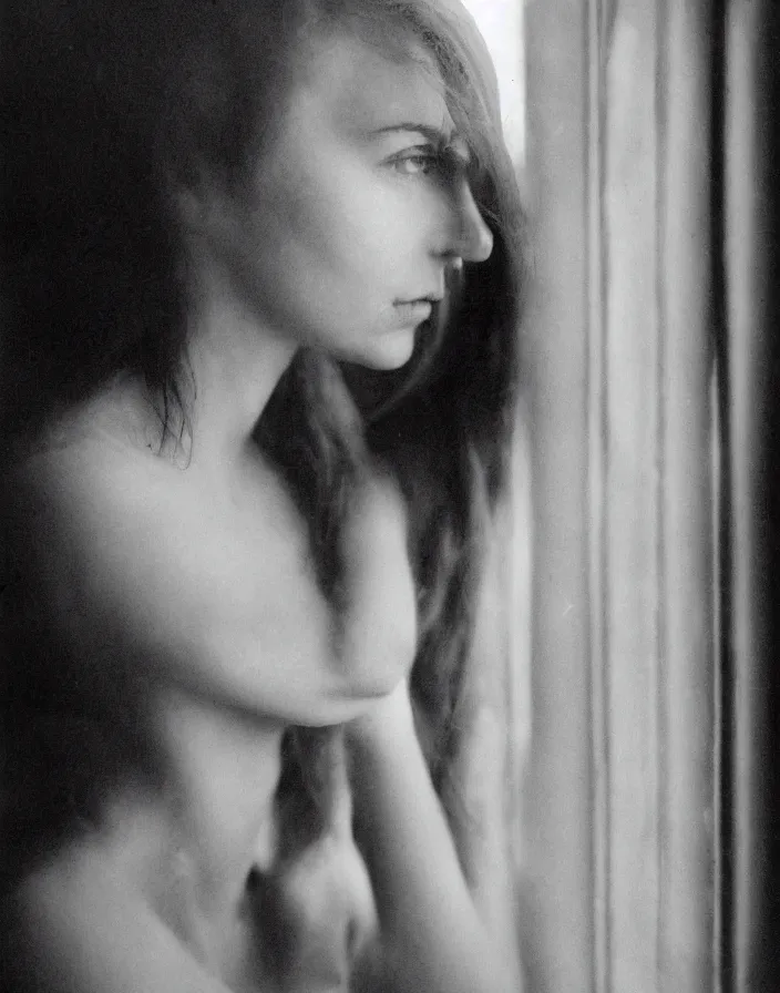 Image similar to a realistic photographic image of a young woman behind a window looking at camera, photographic style of Avedon, dramatic colors lighting, real ungine, volumetric lighting