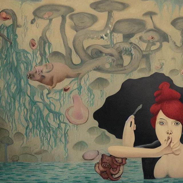 Image similar to tall female emo artist holding a pig in her flooded bathroom, mushrooms, octopus, water gushing from ceiling, painting of flood waters inside an artist's bathroom, a river flooding indoors, pomegranates, pigs, ikebana, zen, river, rapids, waterfall, black swans, canoe, berries, acrylic on canvas, surrealist, by magritte and monet