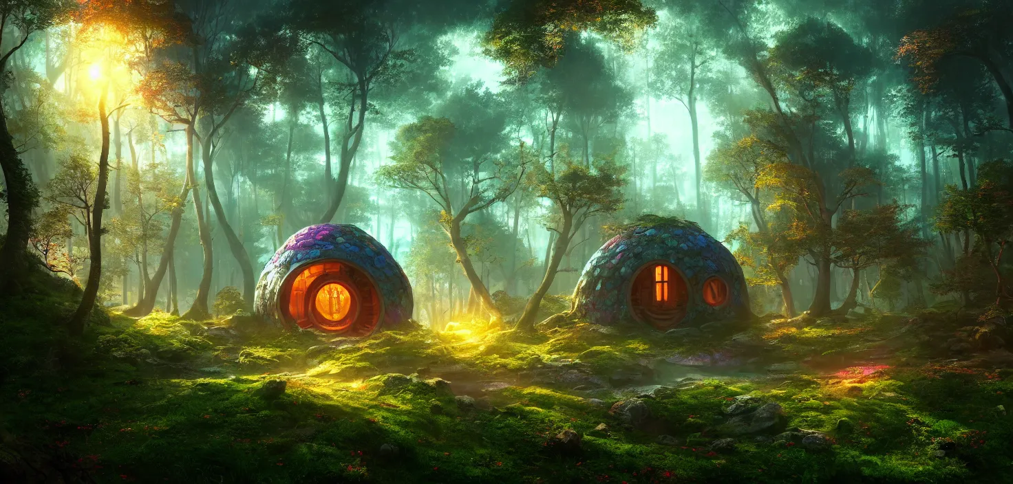 Image similar to random mystic forest house landscape, big round glowing multicoloured portal house, central symmetrical composition, incredible, vector art, octane render, fabulous, hyper detailed, random cinematic view, no noise, global illumination, warm lighting, volumetric, godrays, vivid, beautiful, by jordan grimmer