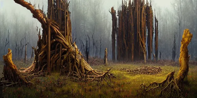 Prompt: painting dreadful forest of burnt and petrified weeping willows in a bog by tomasz alen kopera and cornelius dammrich with futuristic wood castle by eddie jones and simon stahlenhag