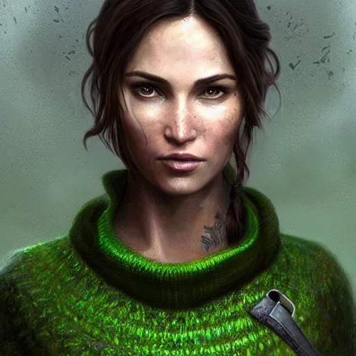 Image similar to Epic portrait, lara croft wearing an green sweater and having long flow hair, digital painting, artstation, concept art, soft light, hdri, smooth, sharp focus, illustration, fantasy, intricate, elegant, highly detailed, D&D, matte painting, in the style of Greg Rutkowski and Alphonse Mucha and artemisia, 8k,