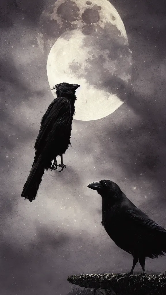 Image similar to portrait, a crow in front of the full big moon, book cover, red white and black colors, establishing shot, extremly high detail, foto realistic, cinematic lighting, by Yoshitaka Amano, Ruan Jia, Kentaro Miura, Artgerm, post processed, concept art, artstation, matte painting, style by eddie mendoza, raphael lacoste, alex ross