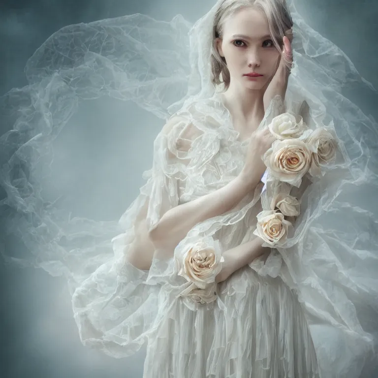 Image similar to hight focus of a wonderful realistic focused sweet wonderful symmetrical mid portrait of a lonely woman with a detailed wonderful, majestic, large semi transparent cream cotton dress ornate with semi transparent cotton roses and semi transparent white veils, dramatic light, octane render - 8 k