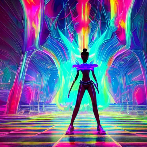 Image similar to long Shot of psychedelic Chun-Li standing in mysterious chromatic astral temple , stylish, lsd, soft, trending on artstation, cinematic, artwork by WLOP