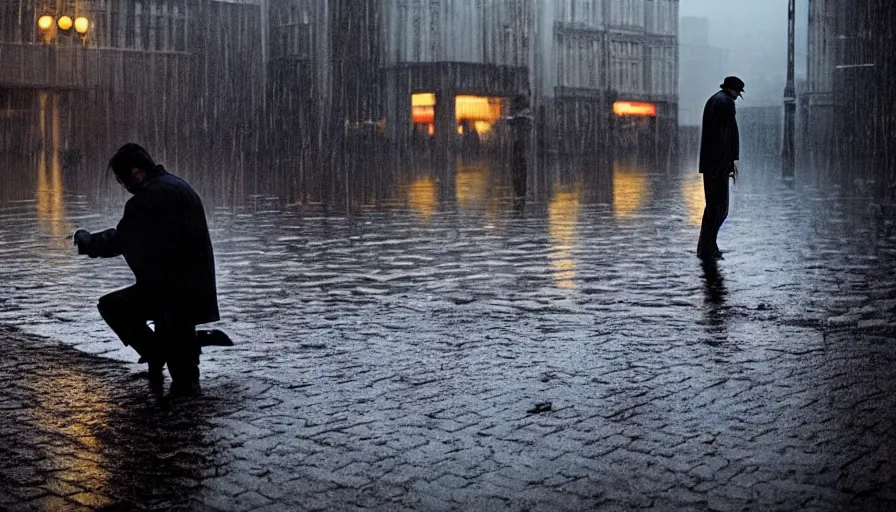 Prompt: there is a man on his knees in a puddle lamenting his miserable life while it rains dramatically, film still from a movie directed by andrei tarkovski, photorealistic, cinematic lighting, intrincate, atmospheric, highly detailed, smooth, sharp focus
