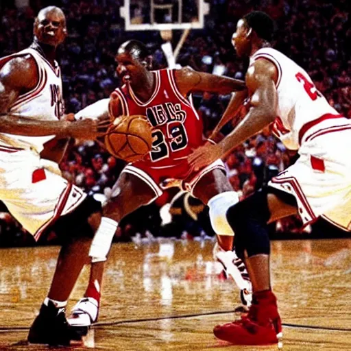 Image similar to frodo baggins blocking michael jordan, nba