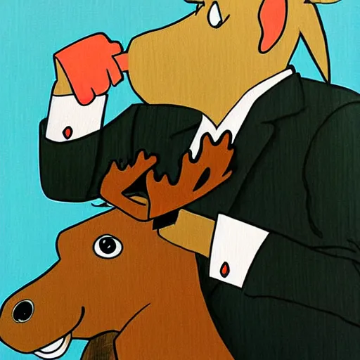 Prompt: anime painting of a moose in a suit and tie sipping coffee from a mug by miyazaki, anime