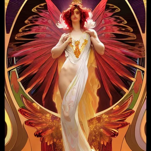 Image similar to a beautiful orchid phoenix angel woman, in an ornamented dress with large wings, volumetric light, god rays, 8 k high resolution, rubies, by alphonse mucha, artgerm, greg rutkowski