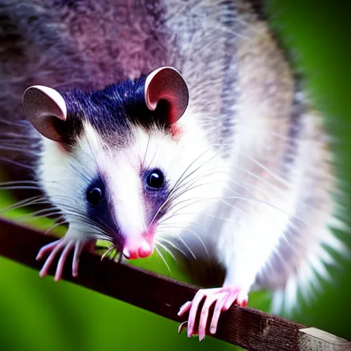 Prompt: hd digital photography of an opossum holding up the picture it made.