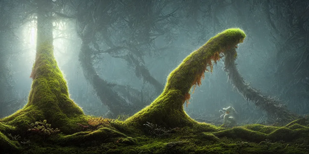 Image similar to a beautiful macro photography of moss with alien fungus, hyperdetailed, warm volumetric lights , made by Gerald Brom and Mike Winkelmann