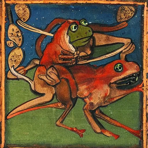 Image similar to wolf fights frog, medieval painting,