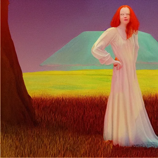 Prompt: Elle Fanning in the painted world of Suspiria, head and shoulders masterpiece, apocalypse, golden hour, cosmic horror, artstation, in the style of Andrew Wyeth and Edward Hopper and Bosch, extremely detailed