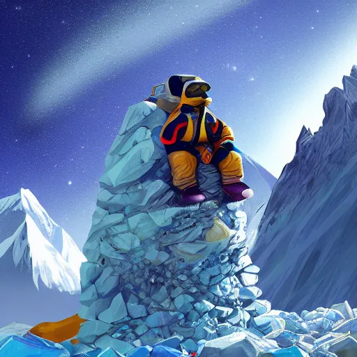 Image similar to digital art, trending on artstation, a galactic duck climbing everest underwater.