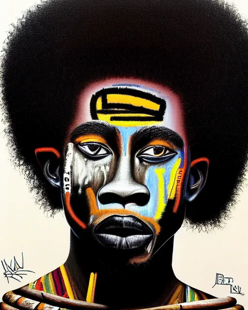 Image similar to A extremely ultra highly detailed majestic hi-res beautiful immaculate head and shoulders award winning painting stunning masterpiece of the face of a strong black african warrior man with an afro by Jean-Michel Basquiat, 8k, high textures, ultra hyper sharp, insanely detailed and intricate, super detailed, 8k HDR ultra high quality